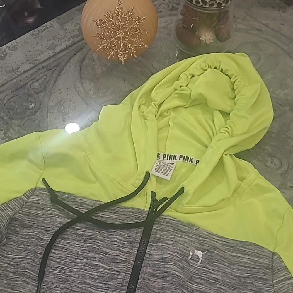 Victoria Secret Pink Tracksuit Gray Neon Green Full Zip Hoodie Large like new - Picture 2 of 7